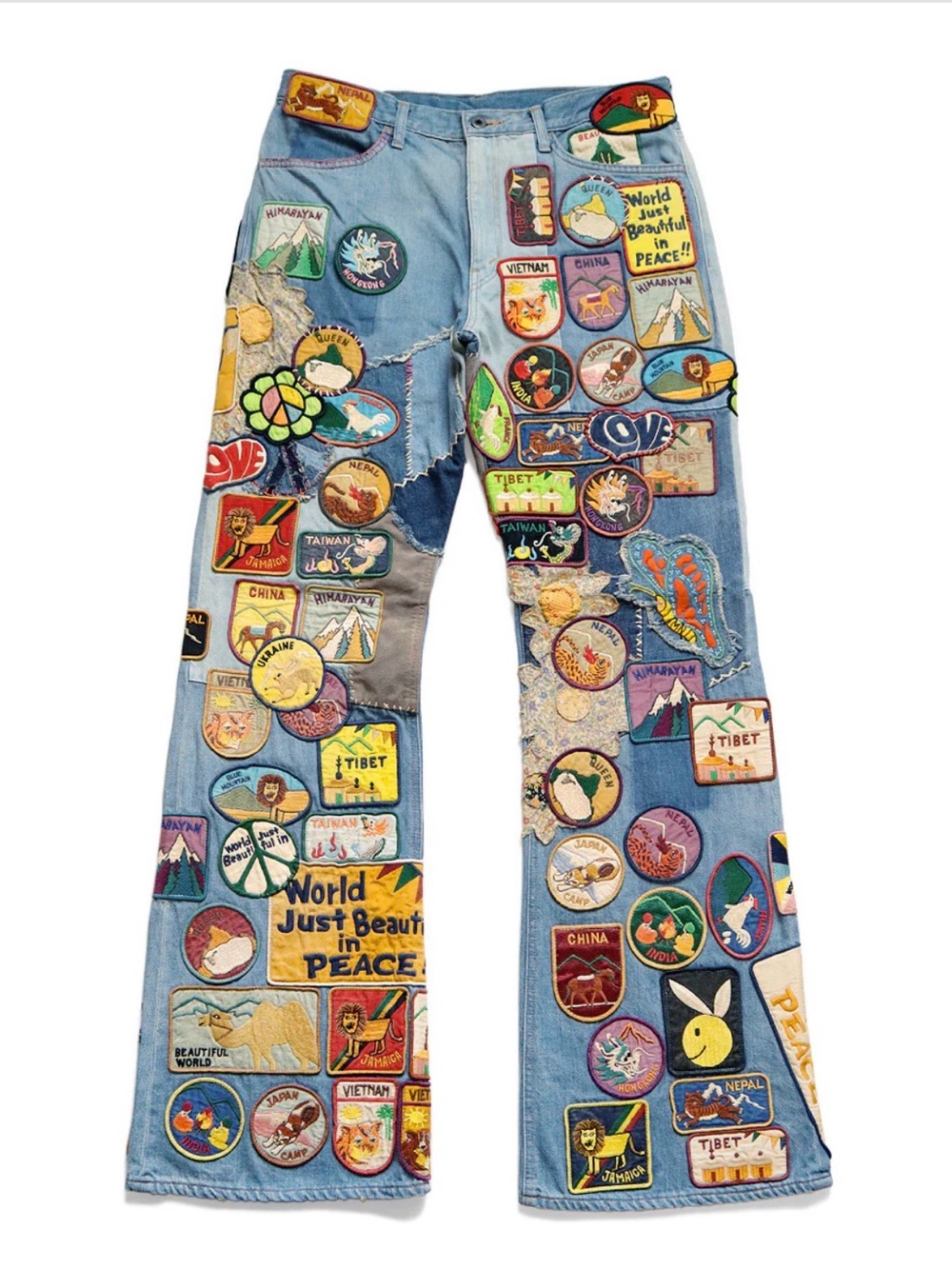 Kapital 12.5oz Denim 5P Rat Flare Patch Pants (BEAUTIFUL WORLD INSANE Remake)